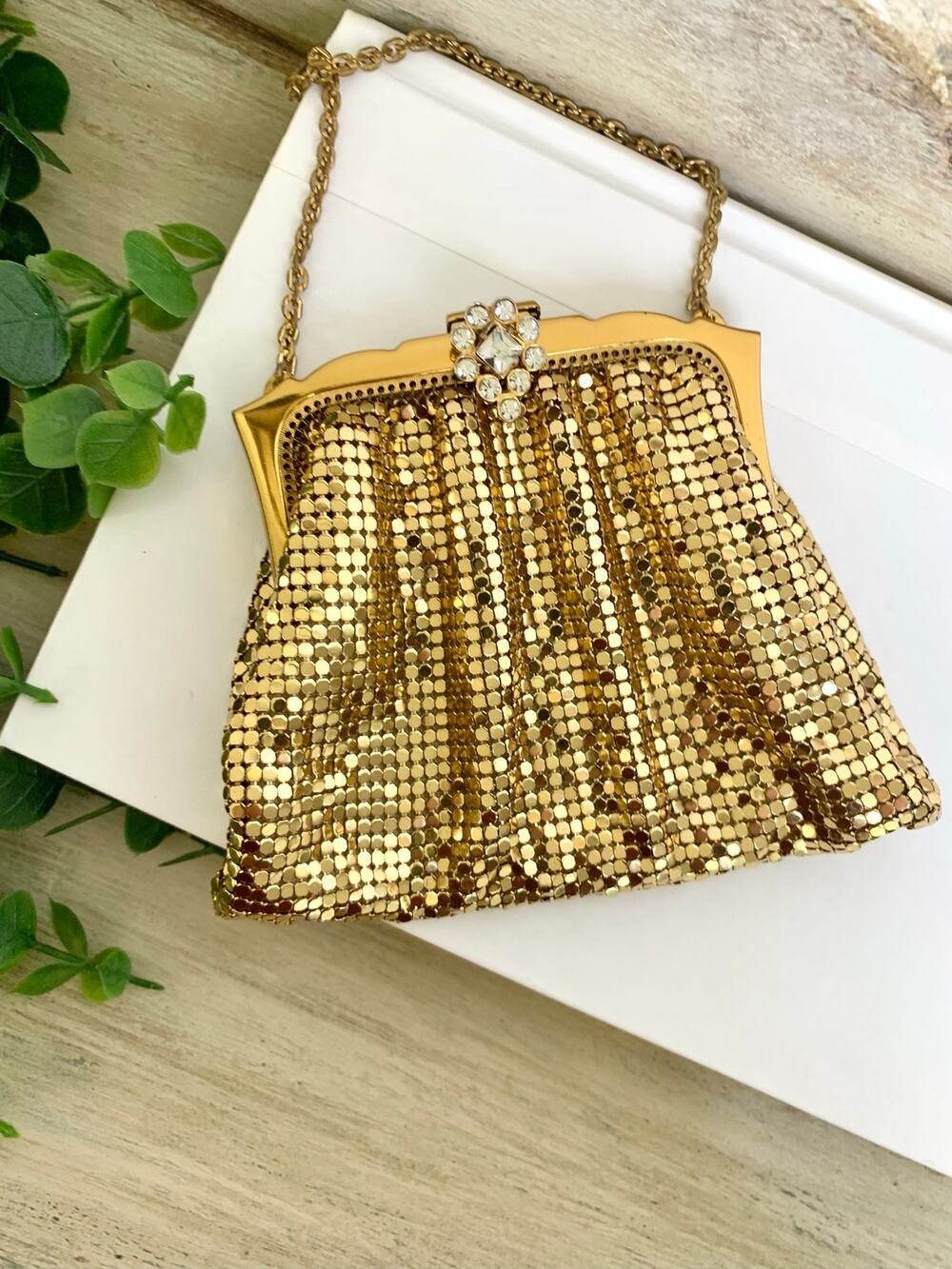 Vintage Whiting Davis Gold Mesh Evening Bag Rhinestone Cocktail Wedding Event